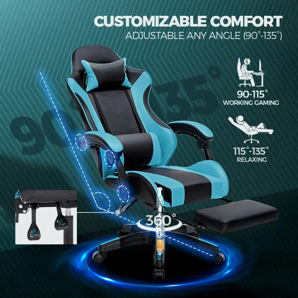 Furb Gaming Office Chair PU Leather Executive Computer Seat with Footrest,Cyan