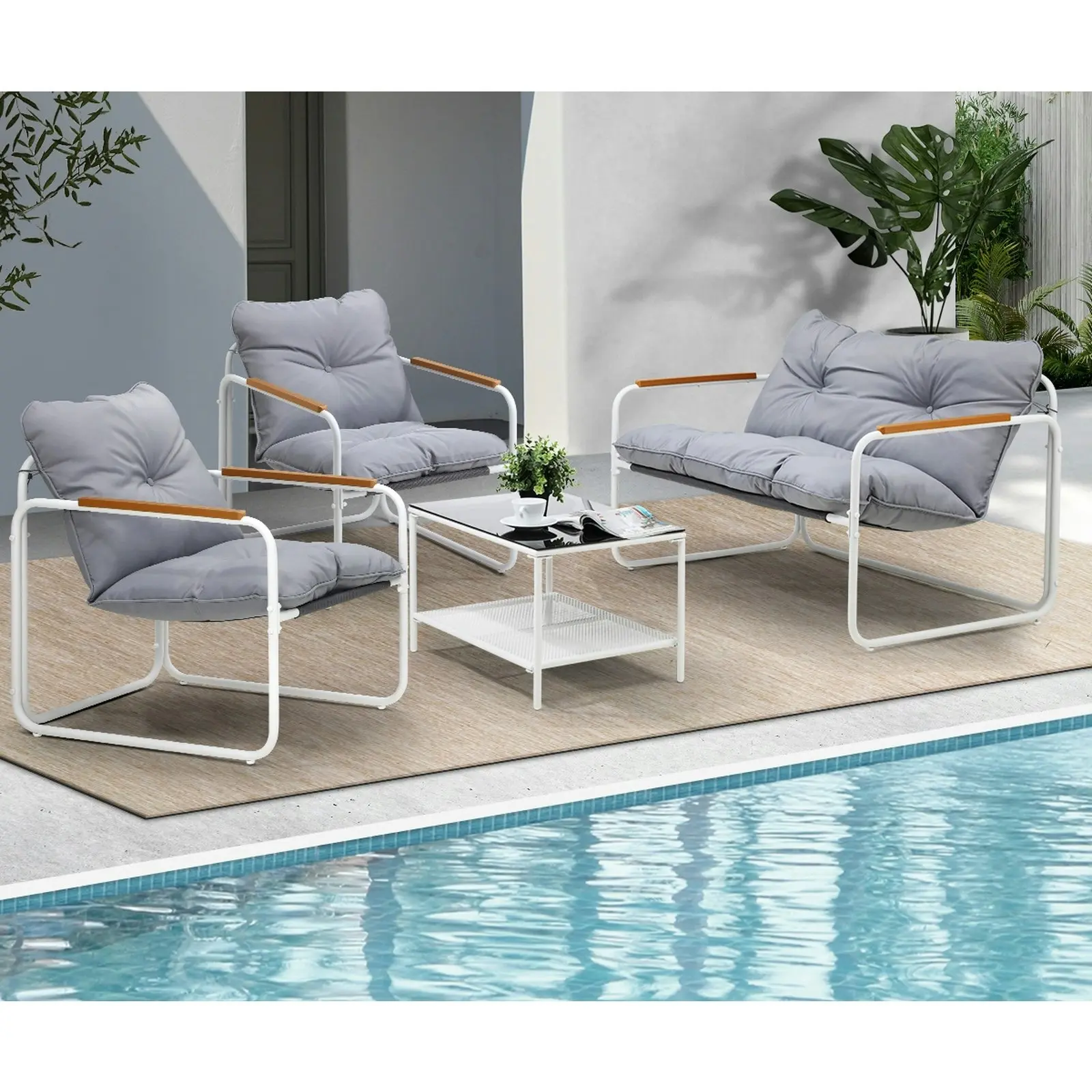 Livsip 4 Piece Outdoor Patio Sofa Set Lounge Furniture Garden Chairs Table White