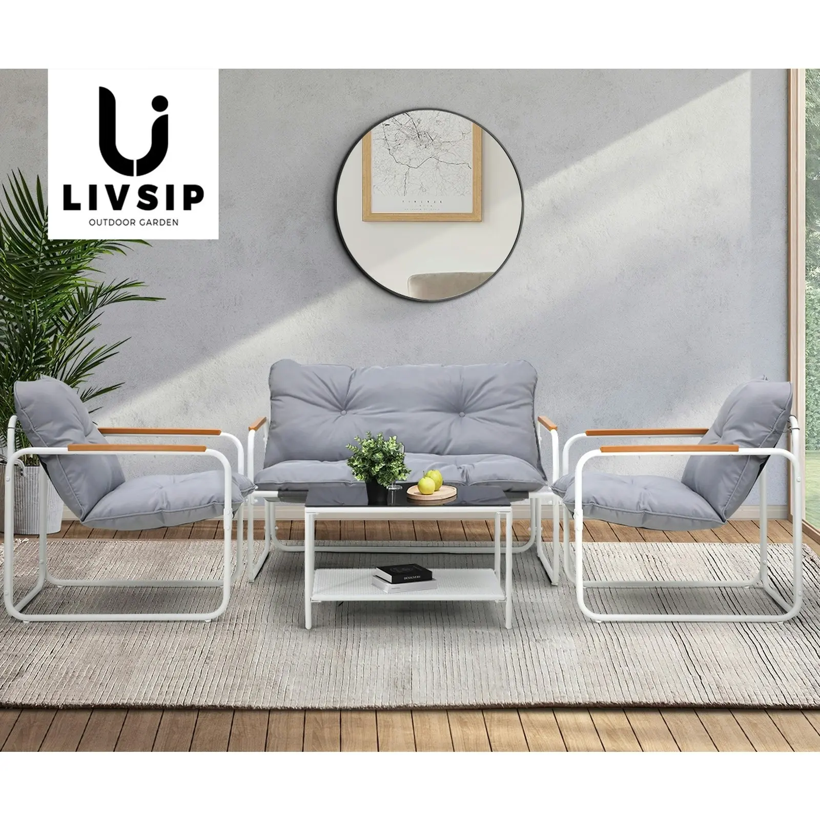 Livsip 4 Piece Outdoor Patio Sofa Set Lounge Furniture Garden Chairs Table White