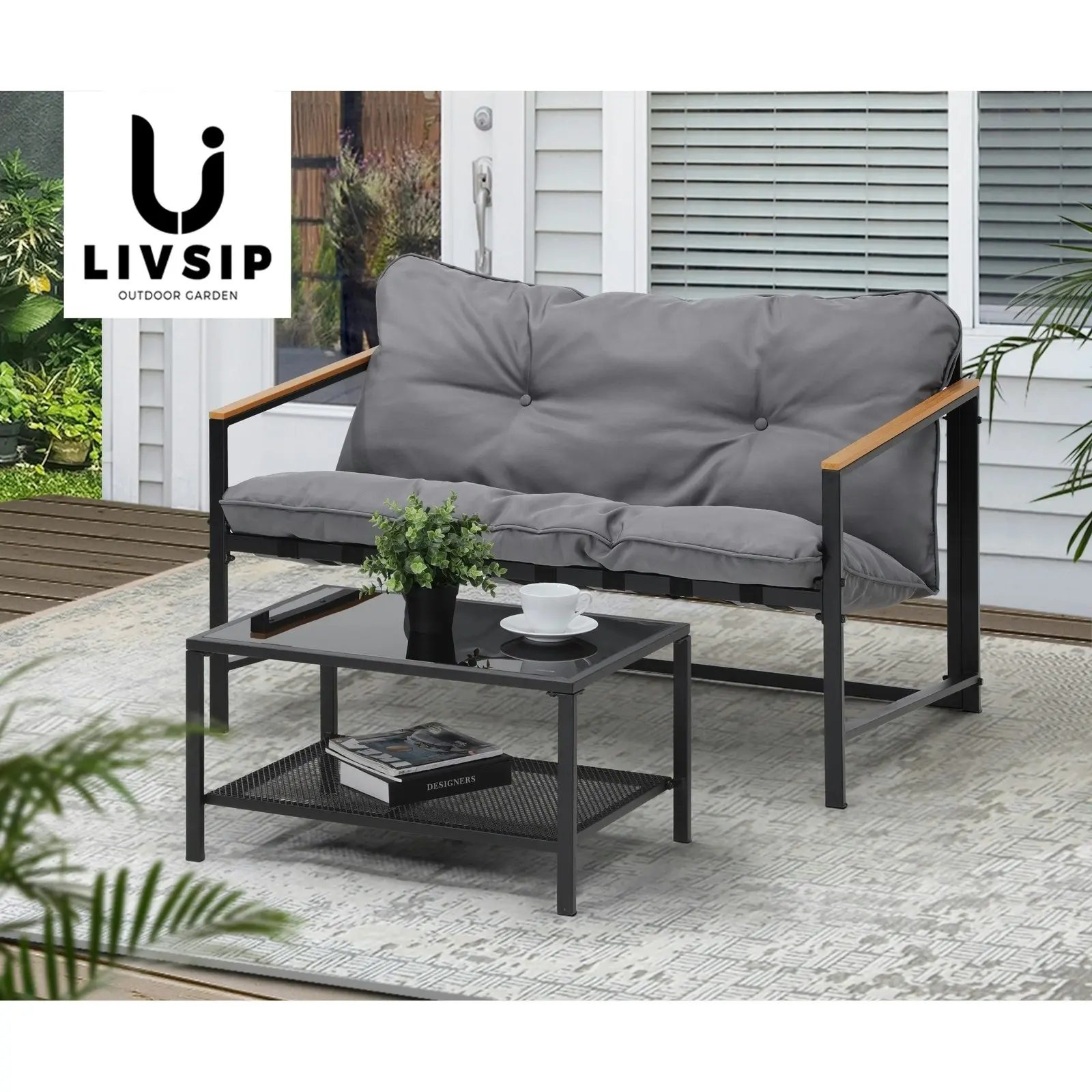 Livsip 2 Piece Outdoor Patio Sofa Set Garden Lounge Setting Furniture