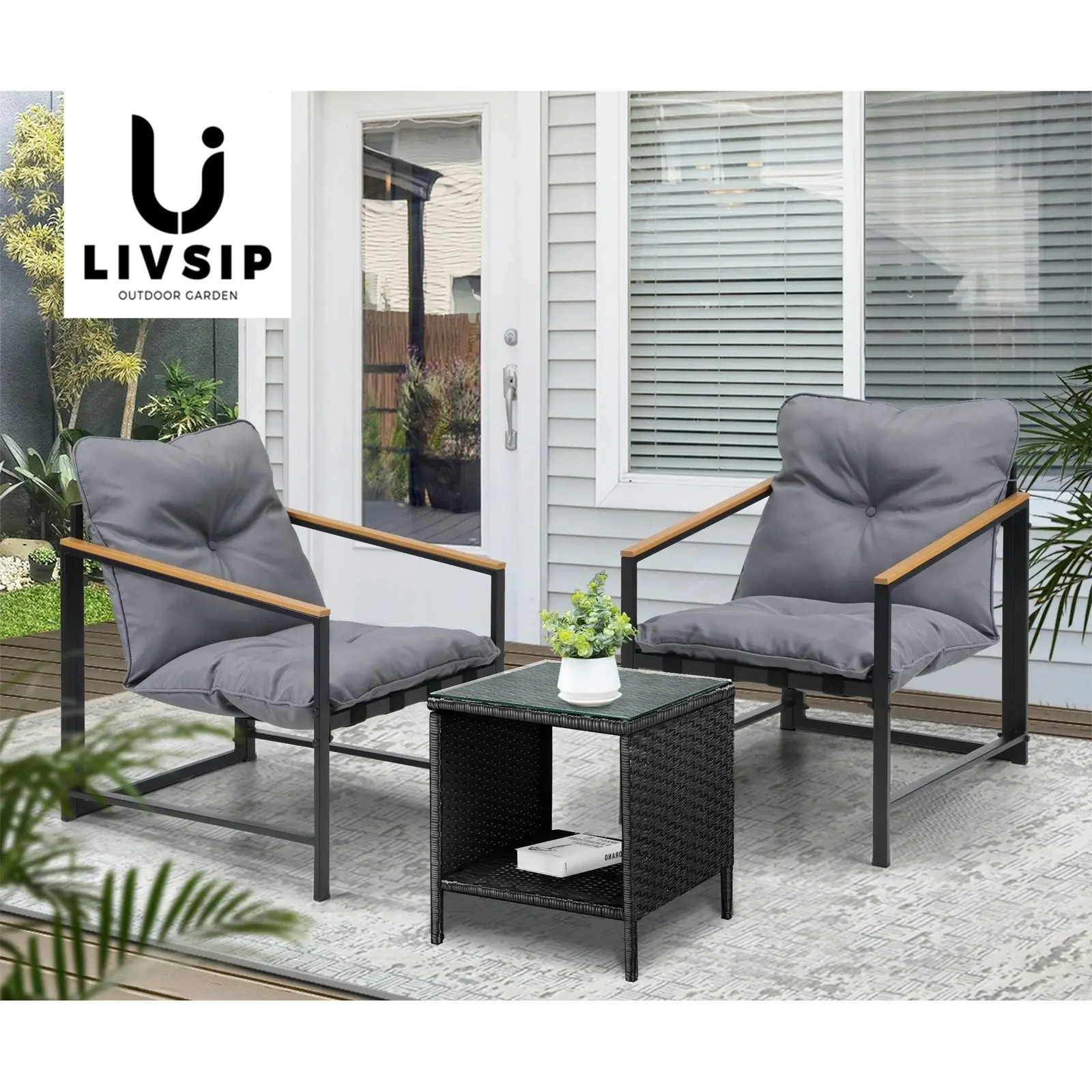 Livsip 3 Piece Outdoor Patio Set Lounge Setting Garden Furniture Rattan Table