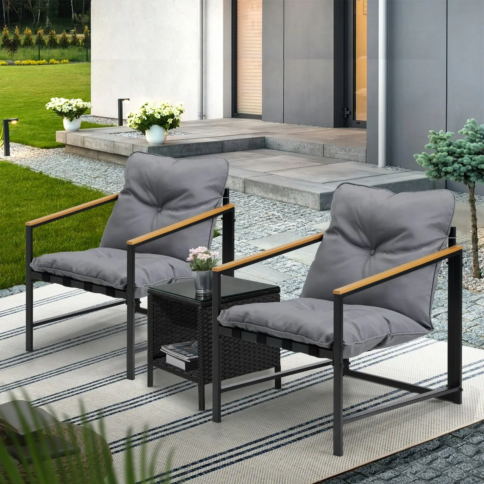 Livsip 3 Piece Outdoor Patio Set Lounge Setting Garden Furniture Rattan Table