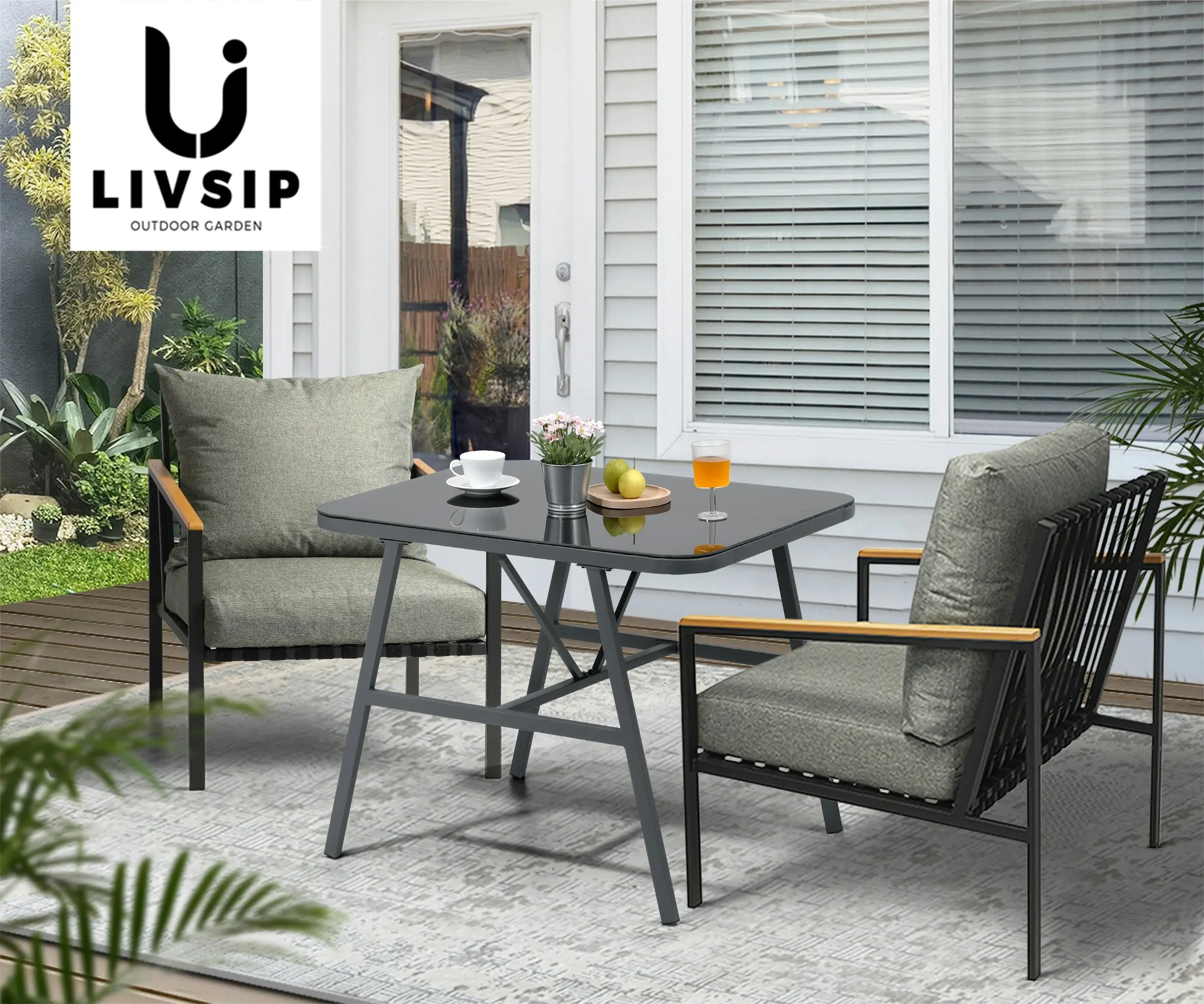 Livsip Outdoor Dining Set Table and Chairs Patio Furniture Garden Setting 3PCS