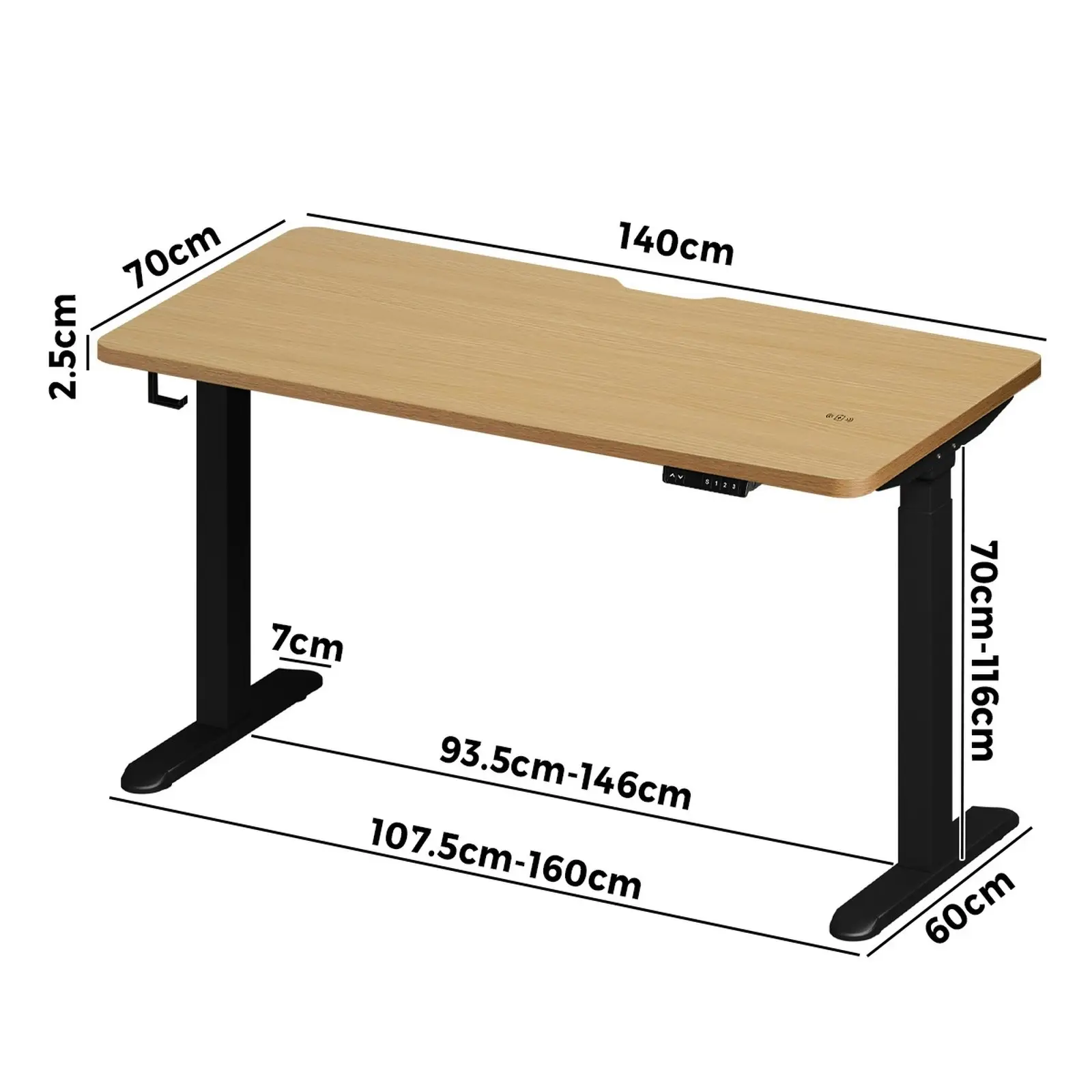 Oikiture Electric Standing Desk With Wireless Charging Dual Motor Black Frame 140CM OAK Tabletop