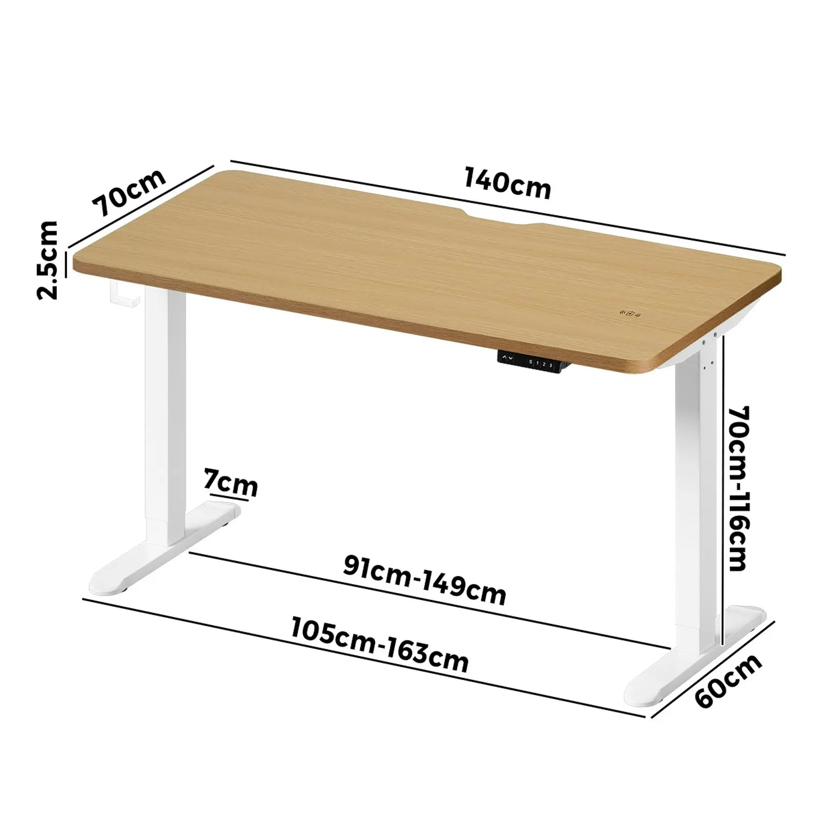 Oikiture Electric Standing Desk With Wireless Charging Single Motor White Frame 140CM OAK Tabletop