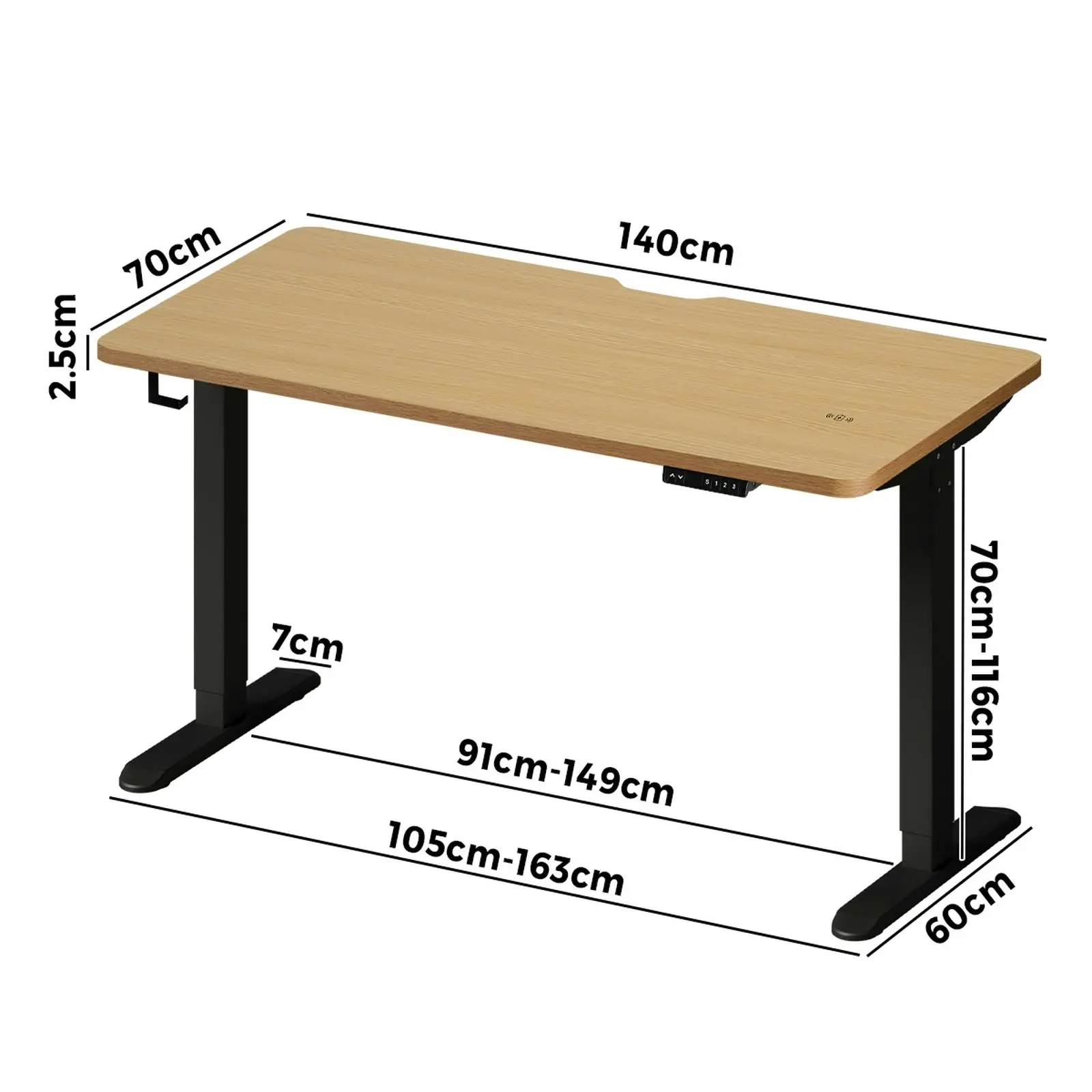 Oikiture Electric Standing Desk With Wireless Charging Single Motor Black Frame 140CM OAK Tabletop