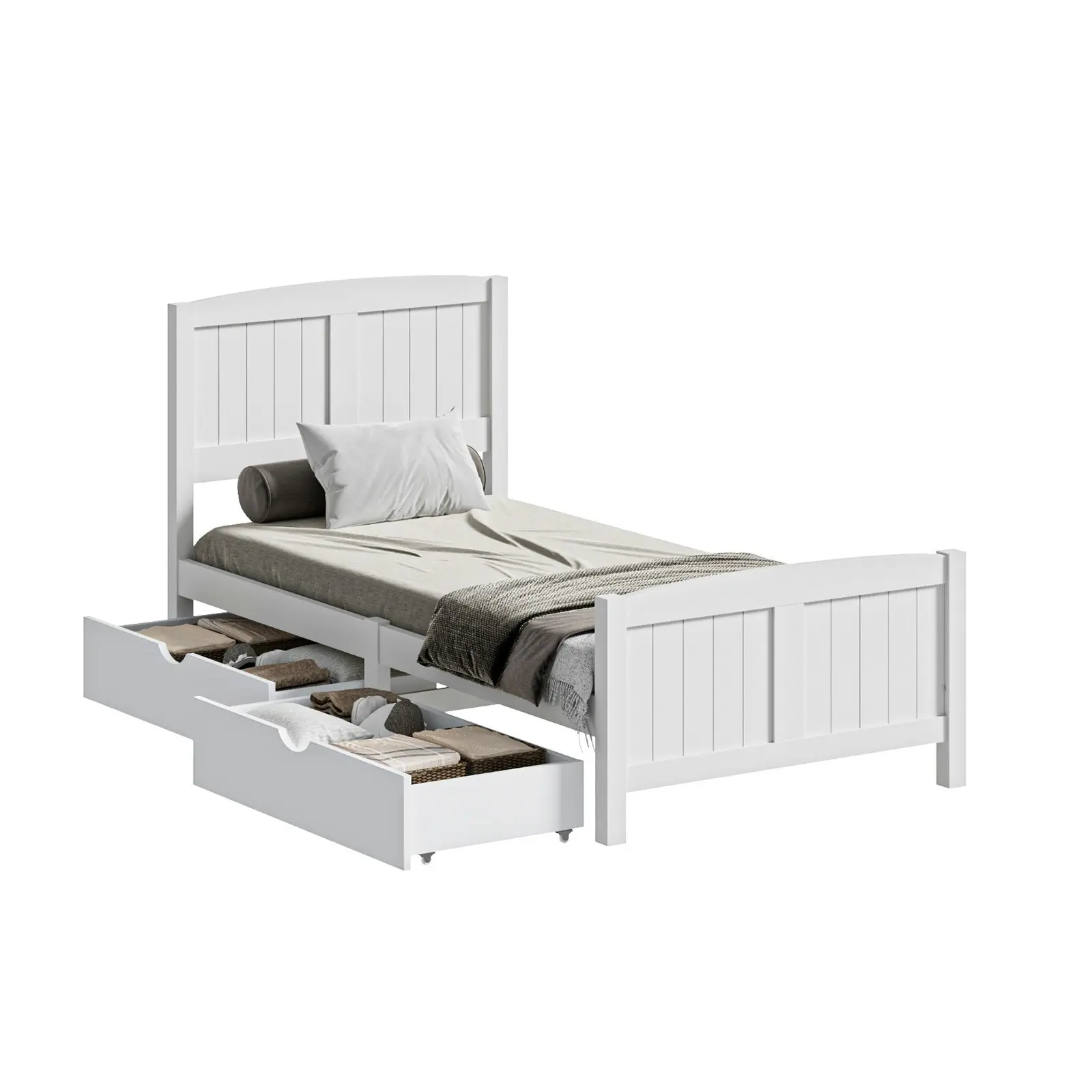 Oikiture Wooden Bed Frame Single Size Base with Trundle Storage Drawers White