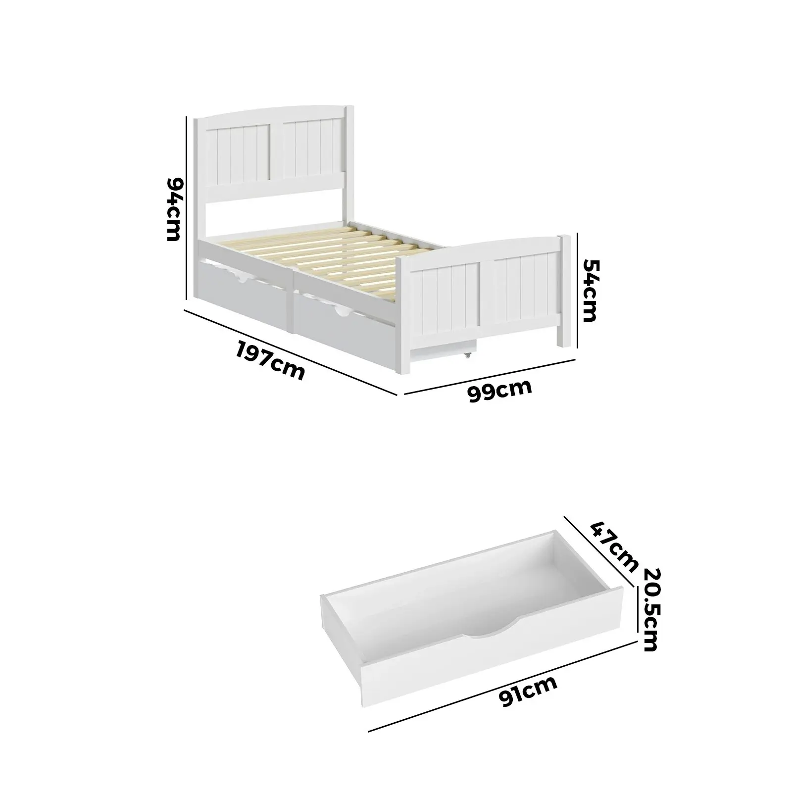 Oikiture Wooden Bed Frame Single Size Base with Trundle Storage Drawers White