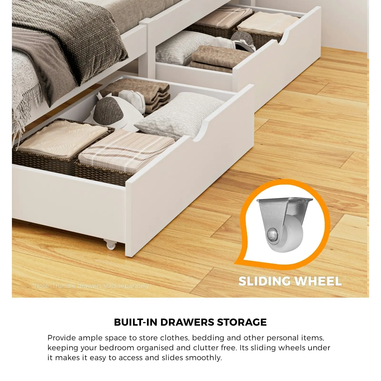 Oikiture Wooden Bed Frame Single Size Base with Trundle Storage Drawers White