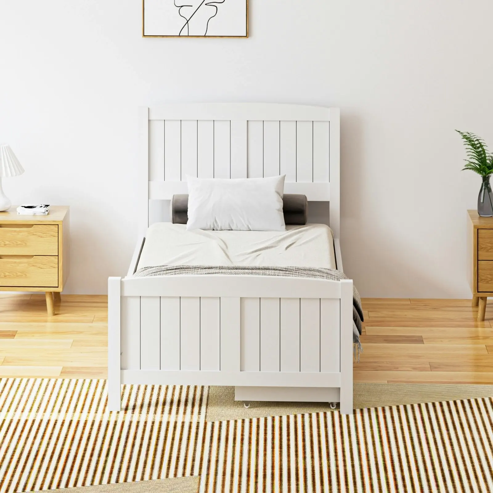 Oikiture Wooden Bed Frame Single Size Base with Trundle Storage Drawers White