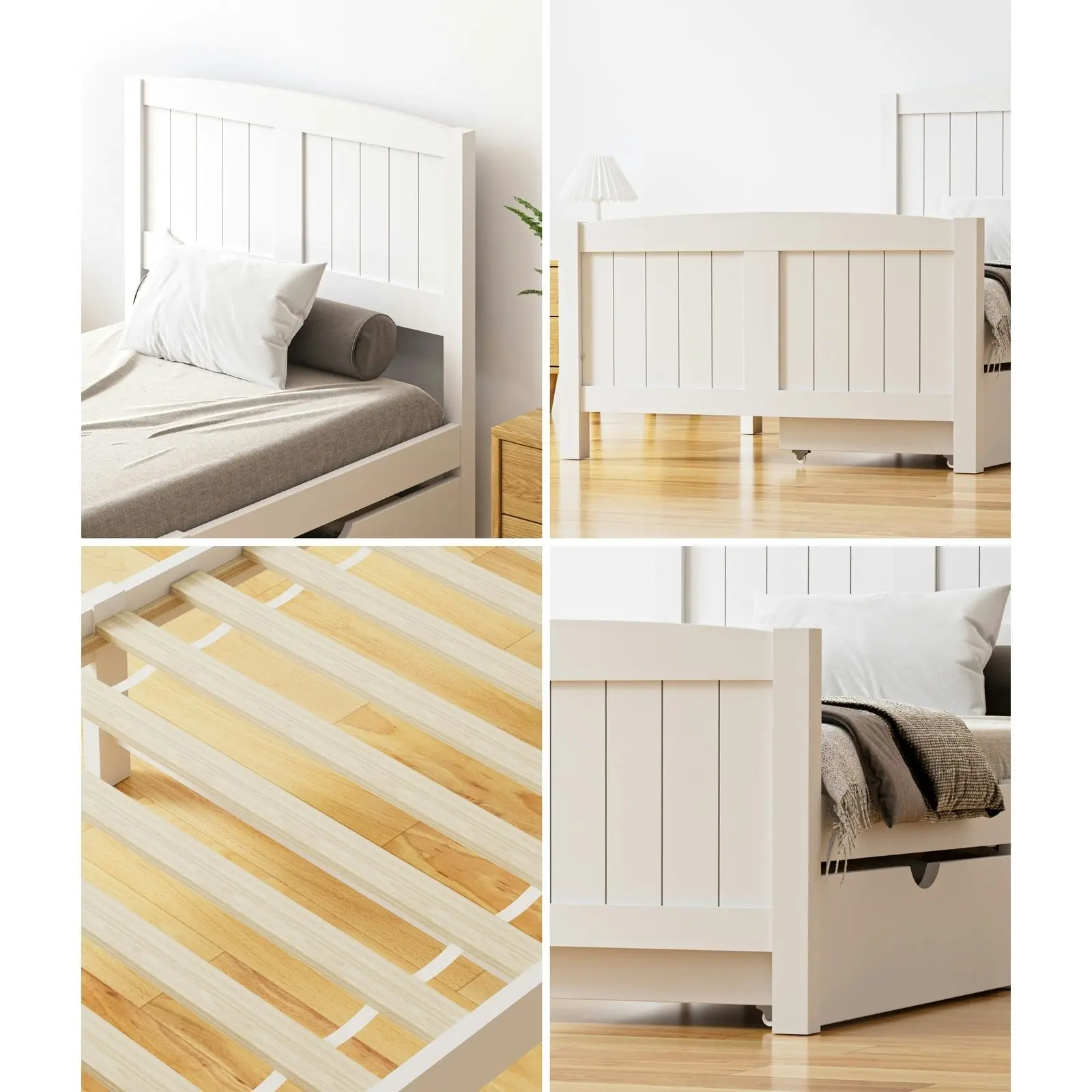 Oikiture Wooden Bed Frame Single Size Base with Trundle Storage Drawers White