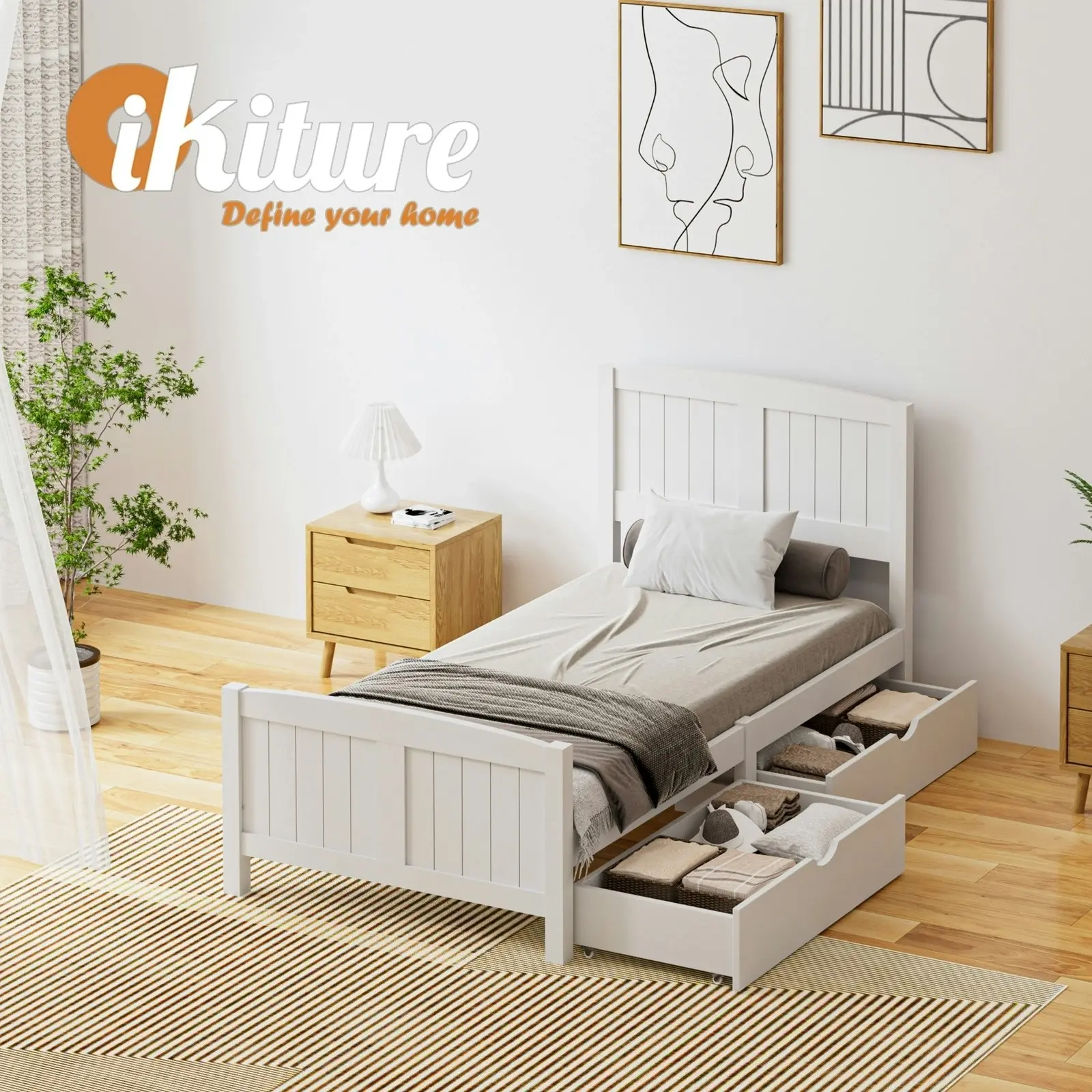 Oikiture Wooden Bed Frame Single Size Base with Trundle Storage Drawers White