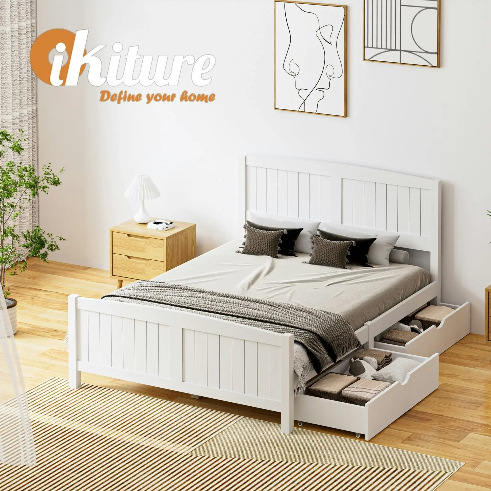 Oikiture Wooden Bed Frame Double Size Base with Trundle Storage Drawers White