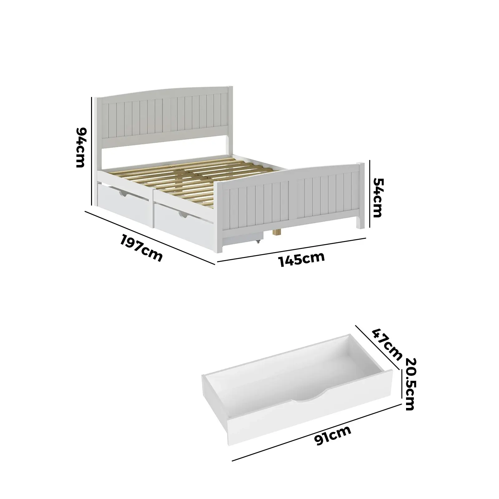 Oikiture Wooden Bed Frame Double Size Base with Trundle Storage Drawers White