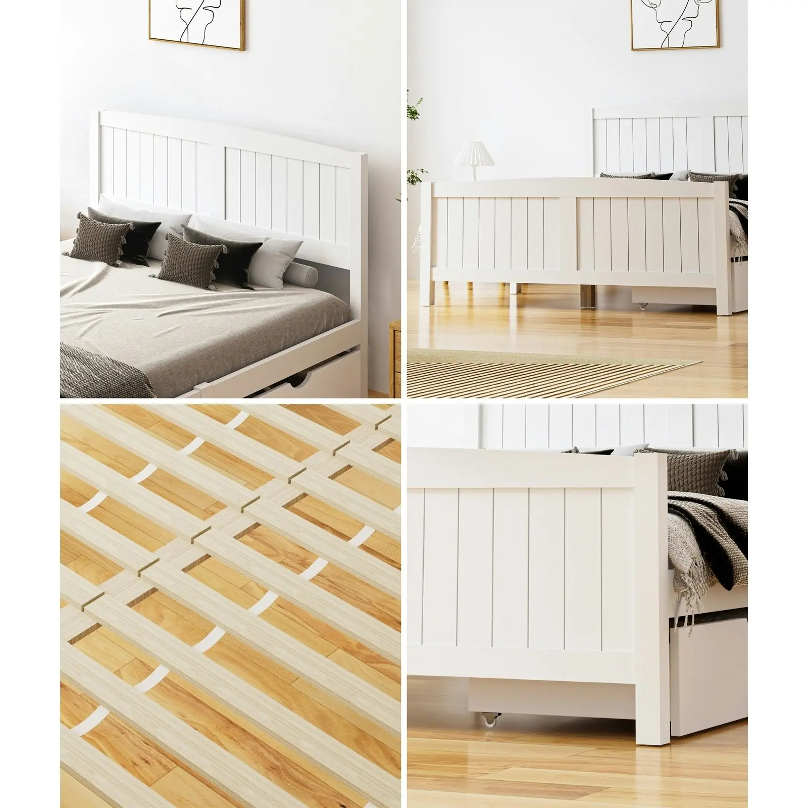 Oikiture Wooden Bed Frame Double Size Base with Trundle Storage Drawers White