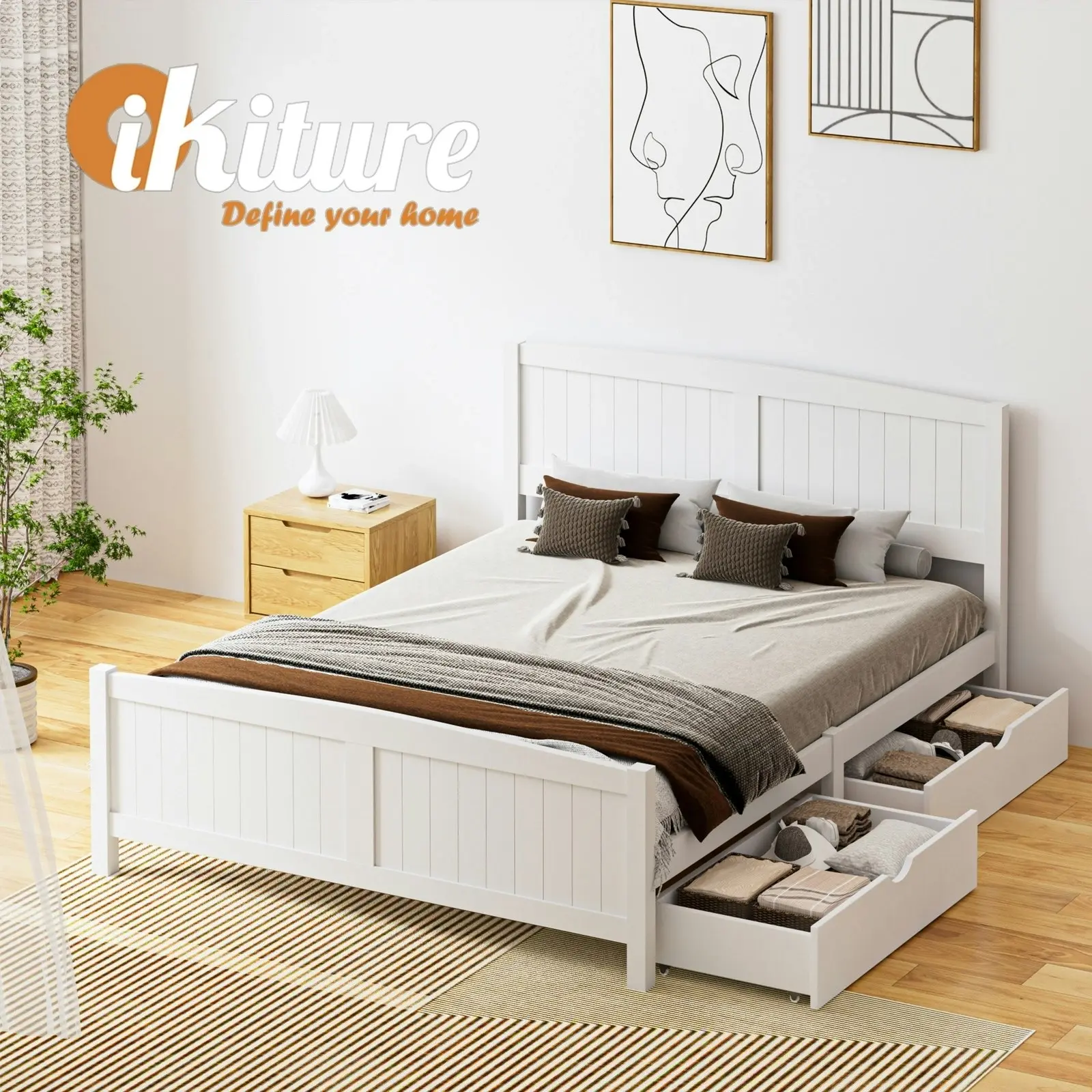 Oikiture Wooden Bed Frame Queen Size Base with Trundle Storage Drawers White