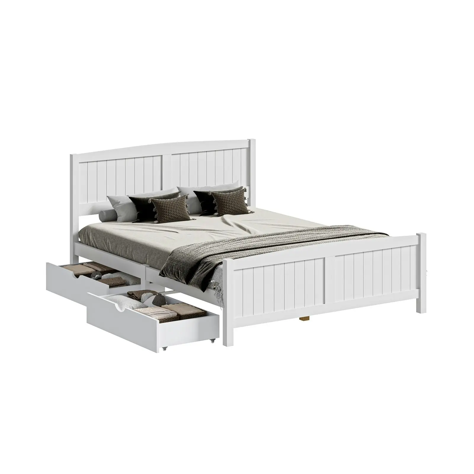 Oikiture Wooden Bed Frame Queen Size Base with Trundle Storage Drawers White