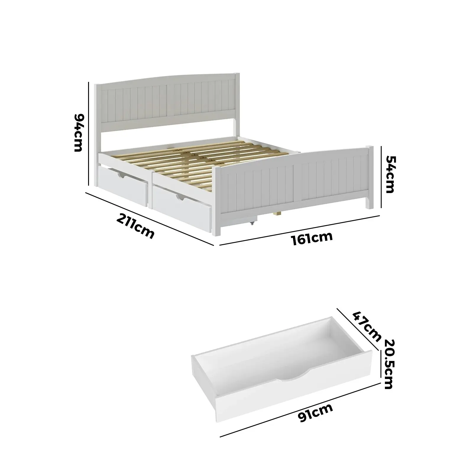 Oikiture Wooden Bed Frame Queen Size Base with Trundle Storage Drawers White