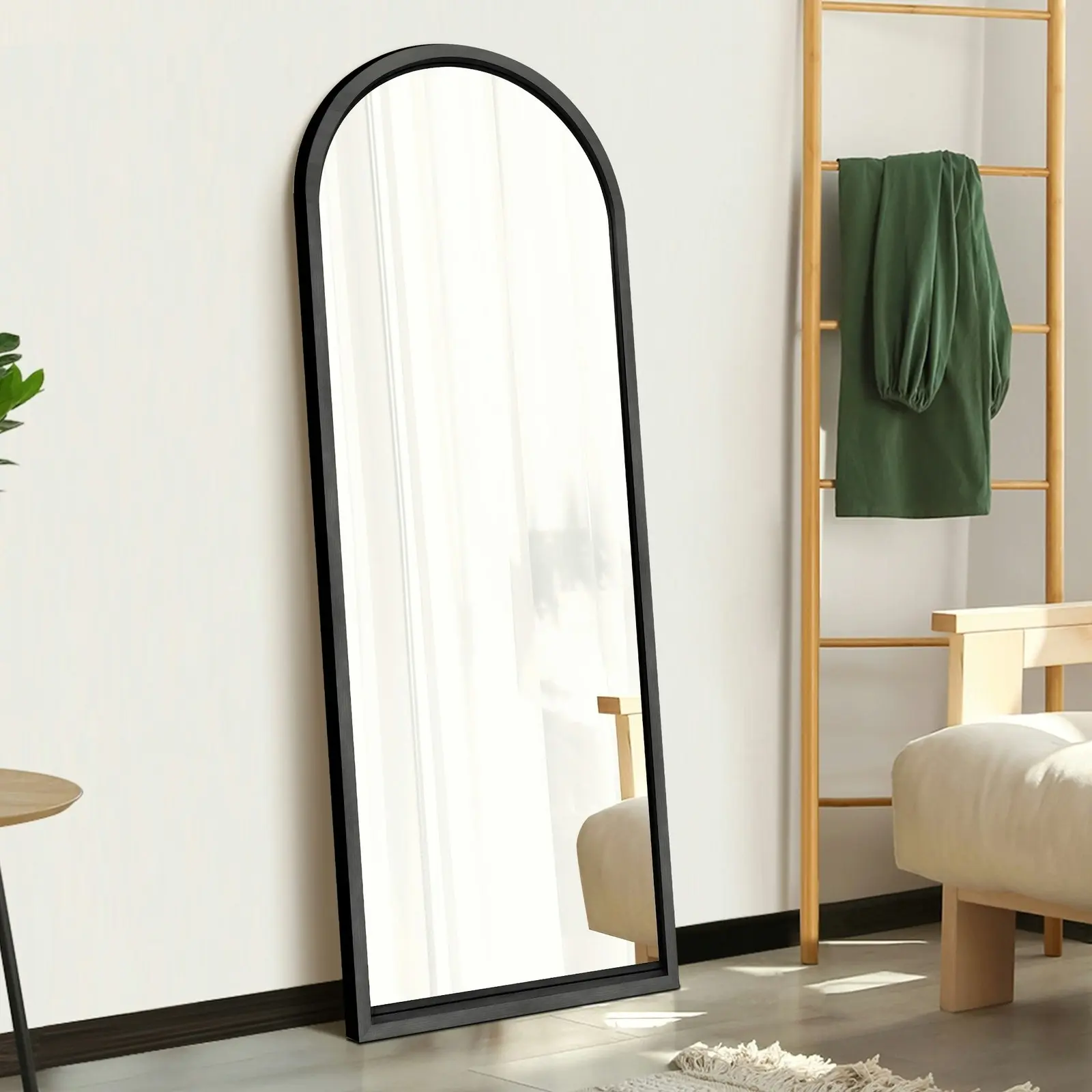 Oikiture Wooden Full Length Mirror 166x60cm Arched Dressing Floor Mirrors Black