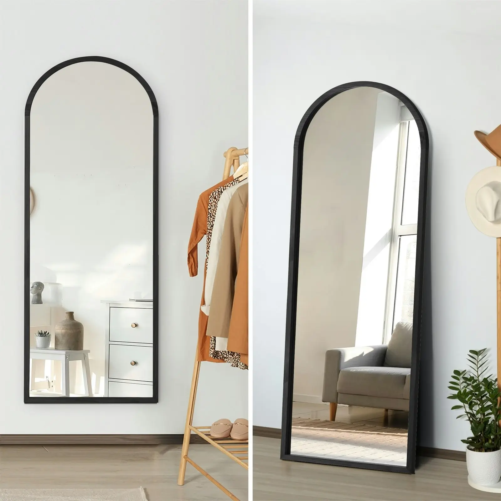 Oikiture Wooden Full Length Mirror 166x60cm Arched Dressing Floor Mirrors Black