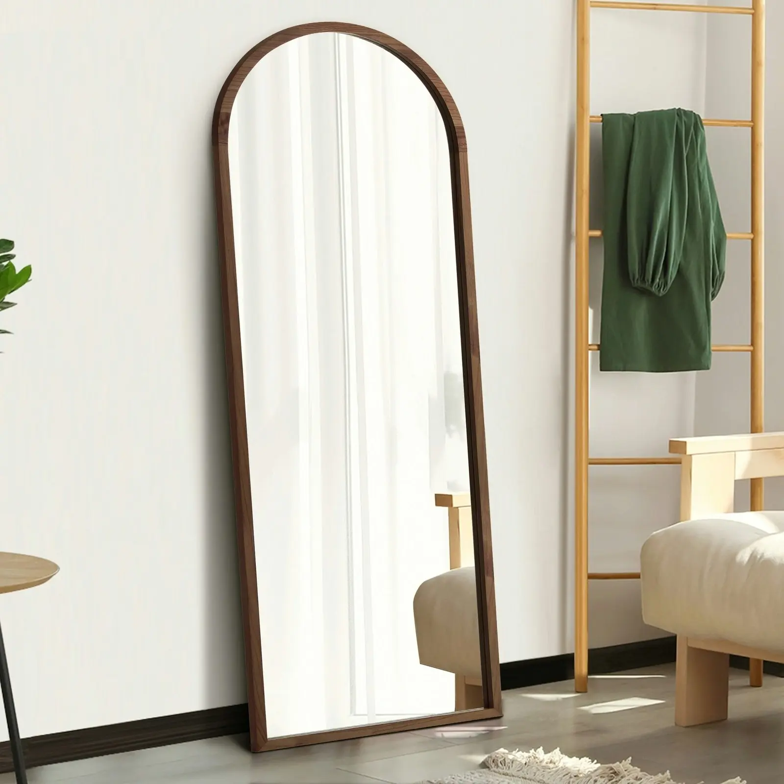 Oikiture Wooden Full Length Mirror 166x60cm Arched Dressing Floor Mirrors Brown