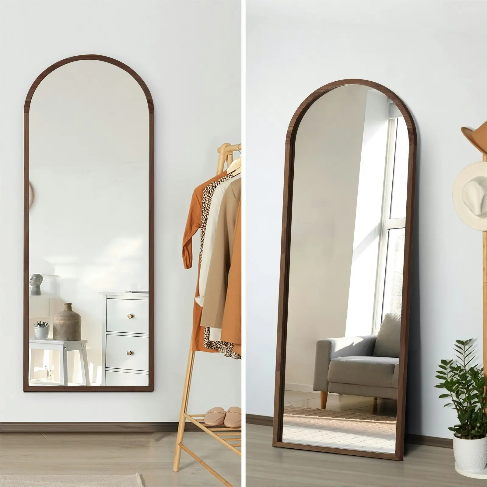 Oikiture Wooden Full Length Mirror 166x60cm Arched Dressing Floor Mirrors Brown