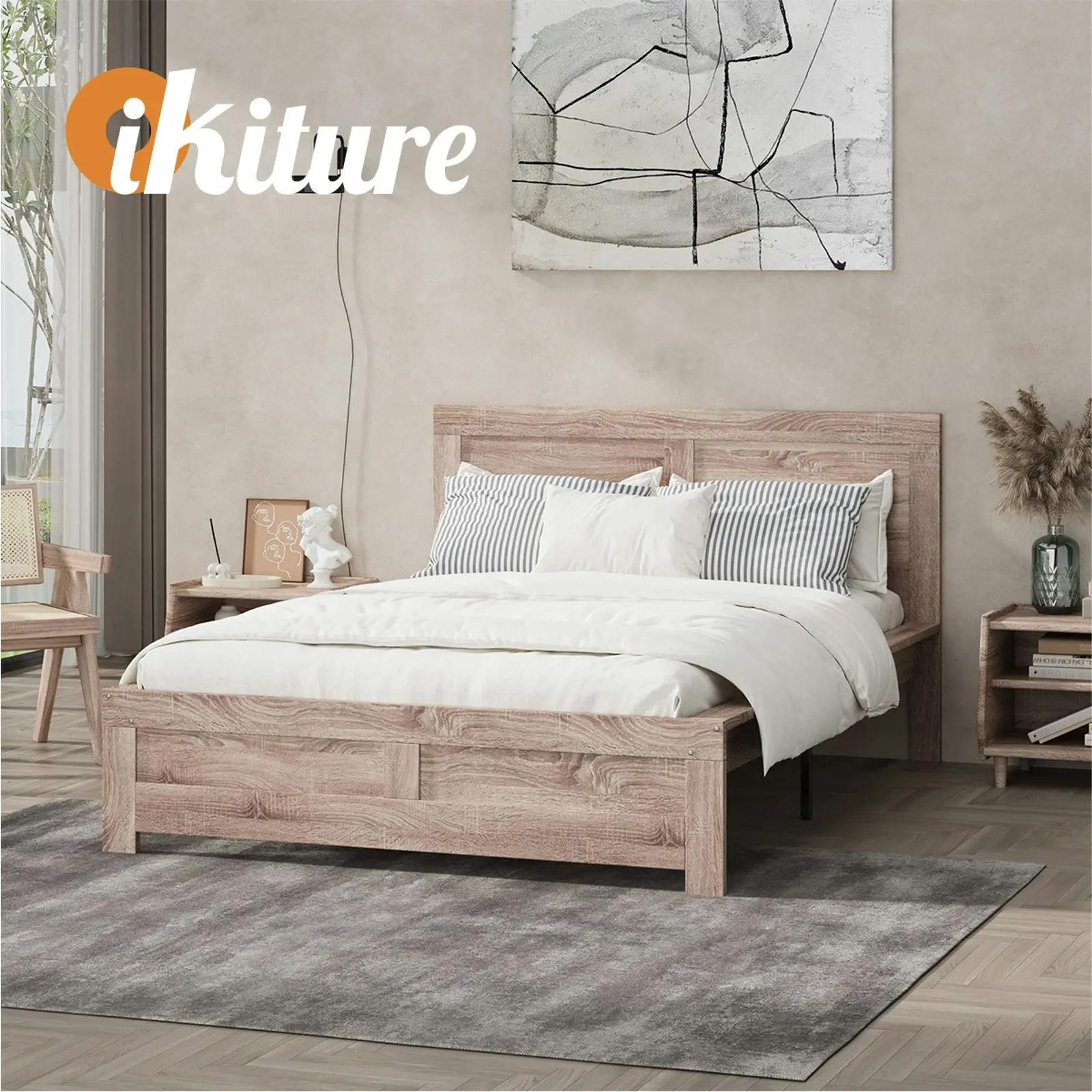 Oikiture Bed Frame Double Size Wooden Base Beds Platform Timber Light Oak