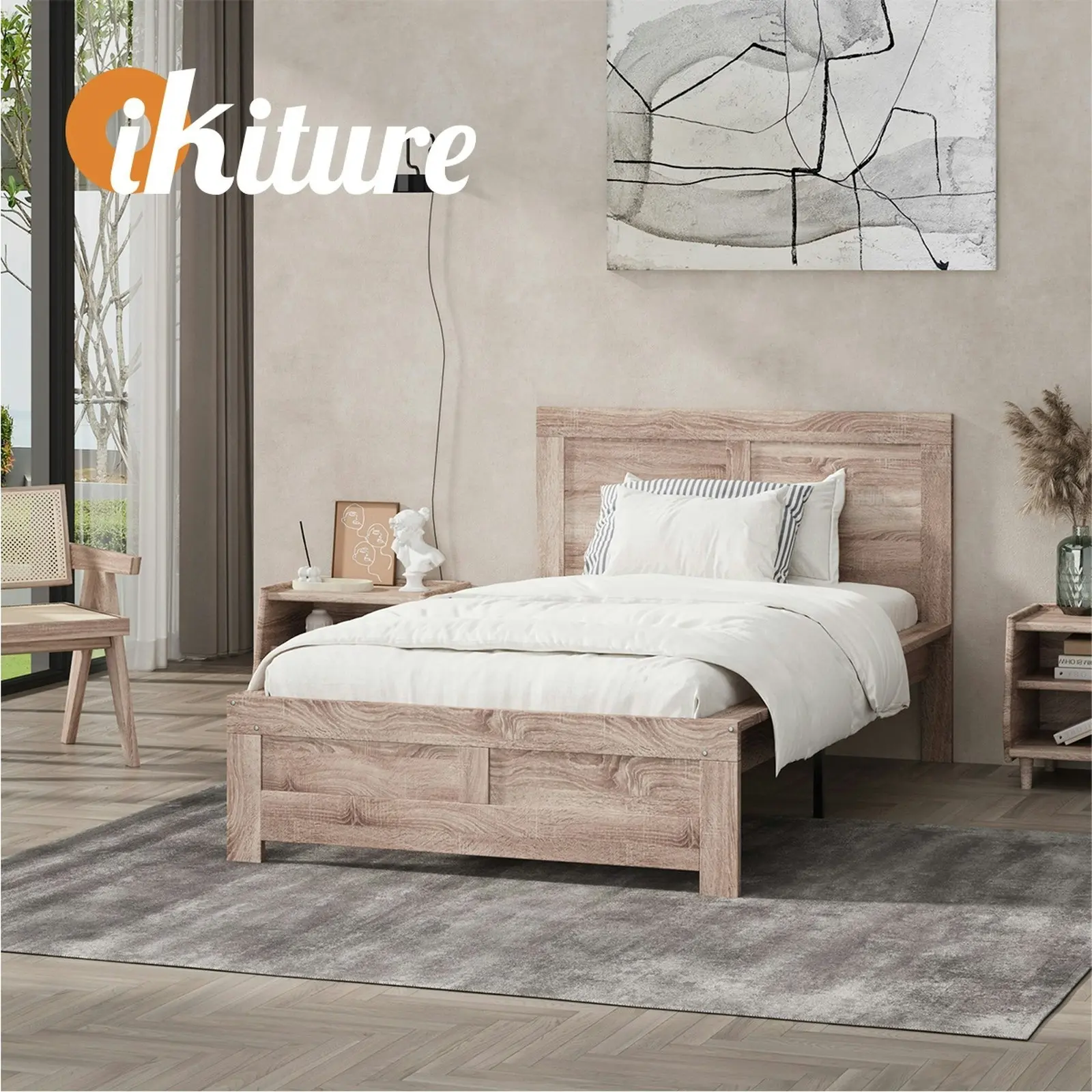 Oikiture Bed Frame King Single Wooden Base Beds Platform Timber Light Oak