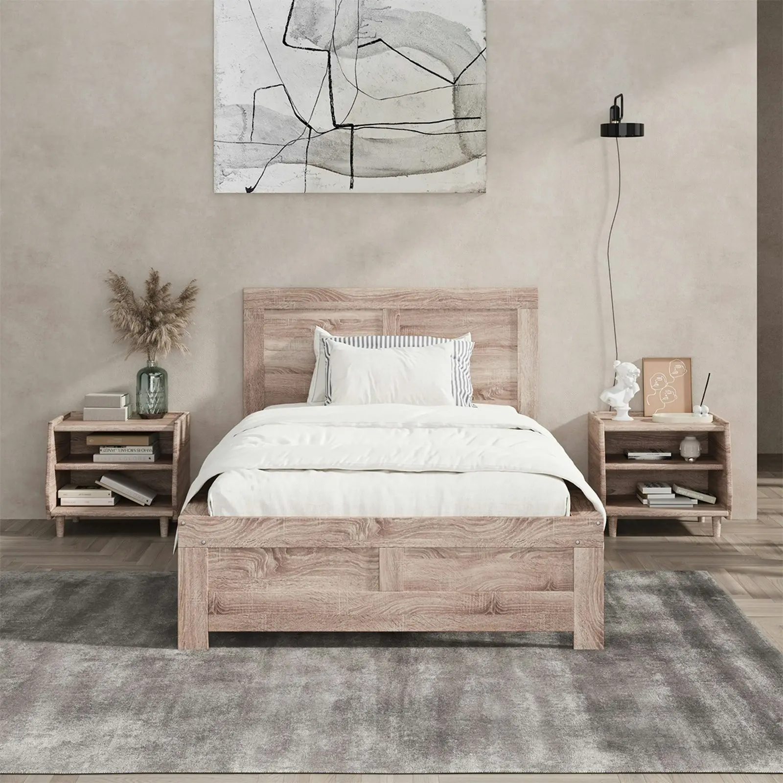 Oikiture Bed Frame King Single Wooden Base Beds Platform Timber Light Oak