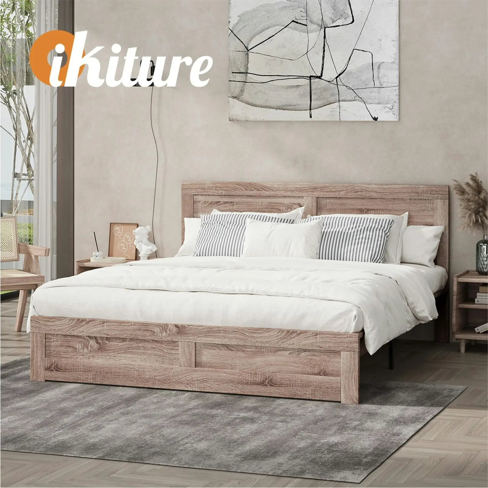 Oikiture Bed Frame King Size Wooden Base Beds Platform Timber Light Oak