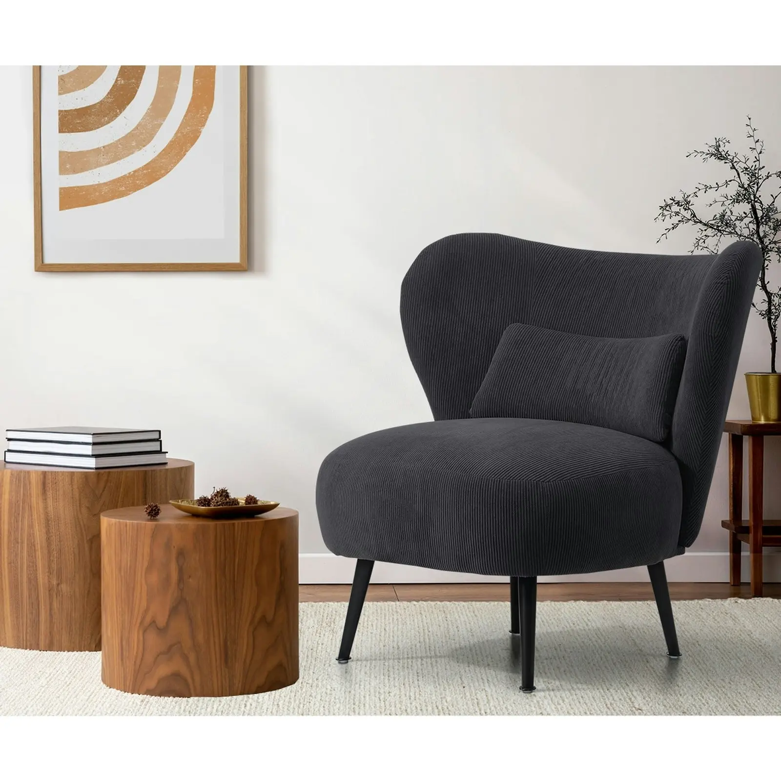 Oikiture Armchair Lounge Chair with Lumbar Pillow Wingback Velvet Charcoal