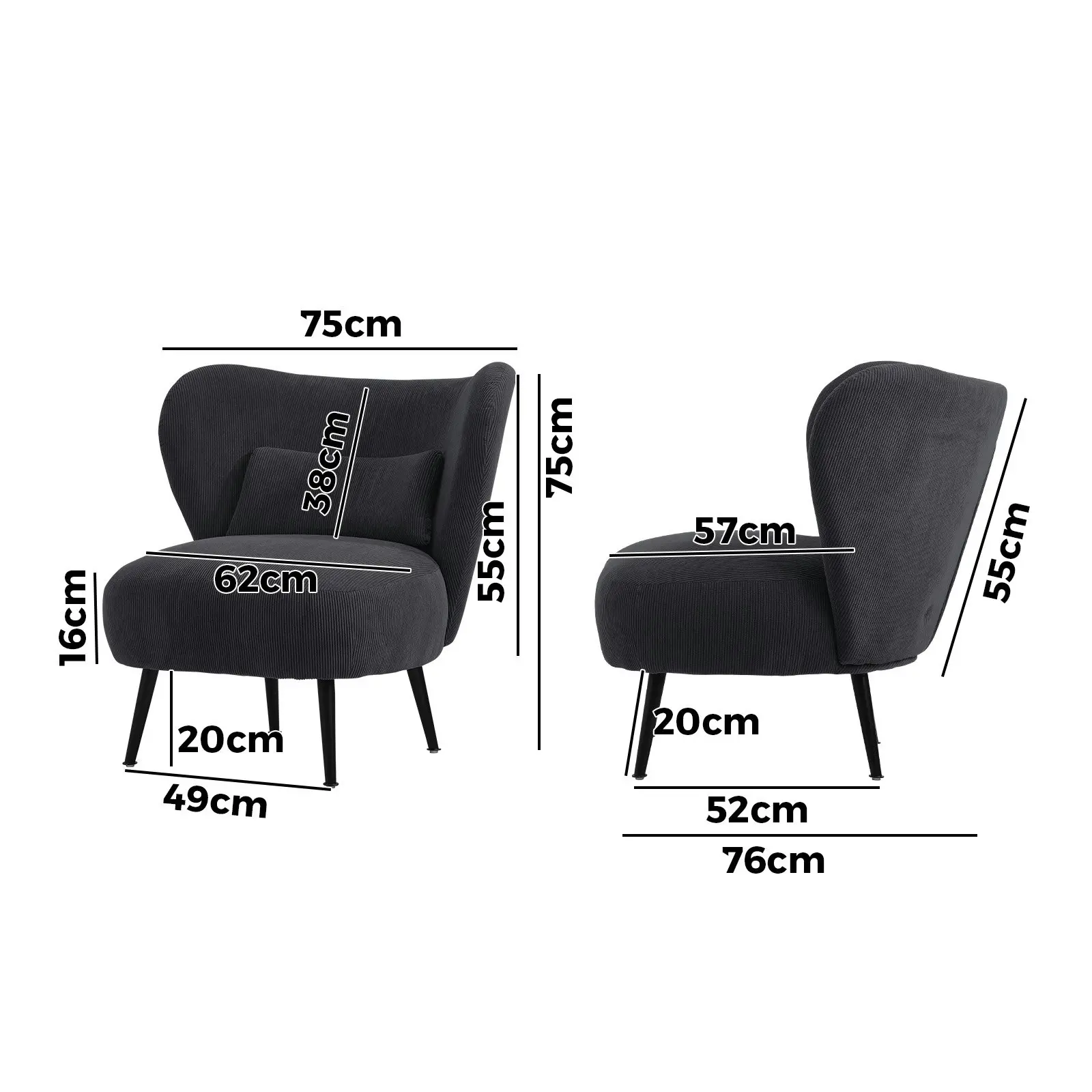 Oikiture Armchair Lounge Chair with Lumbar Pillow Wingback Velvet Charcoal