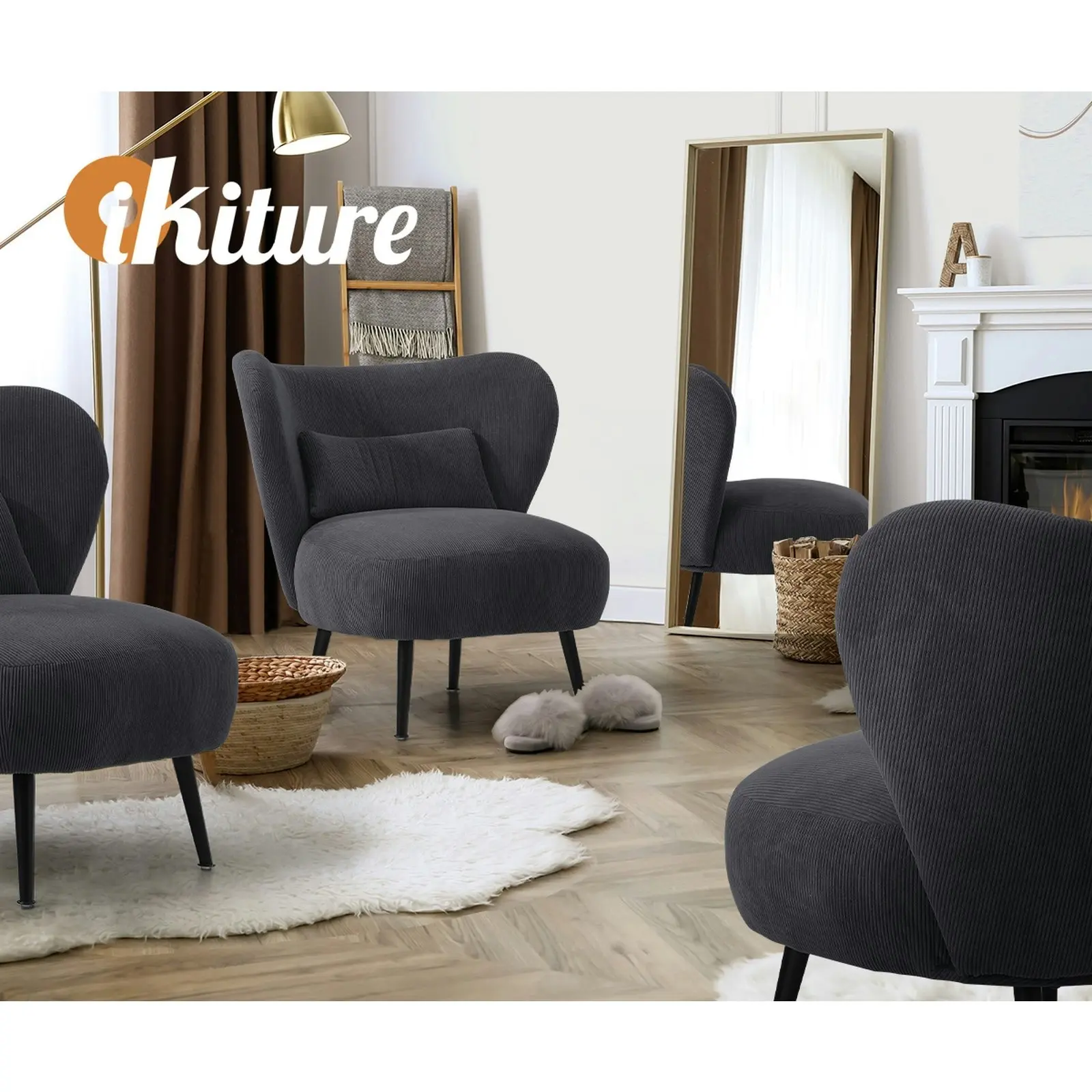 Oikiture Armchair Lounge Chair with Lumbar Pillow Wingback Velvet Charcoal