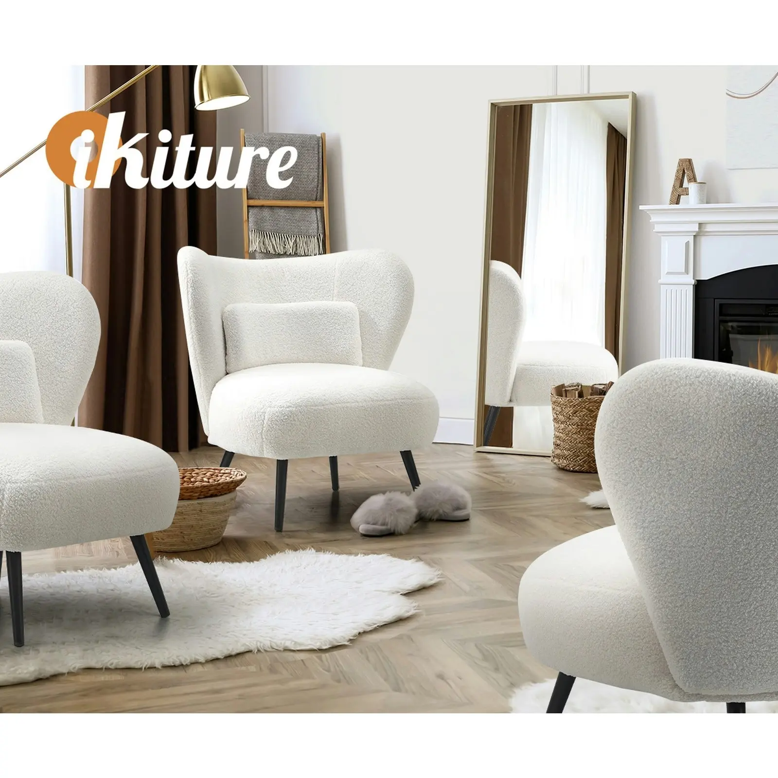 Oikiture Armchair Lounge Chair with Lumbar Pillow Wingback Boucle White