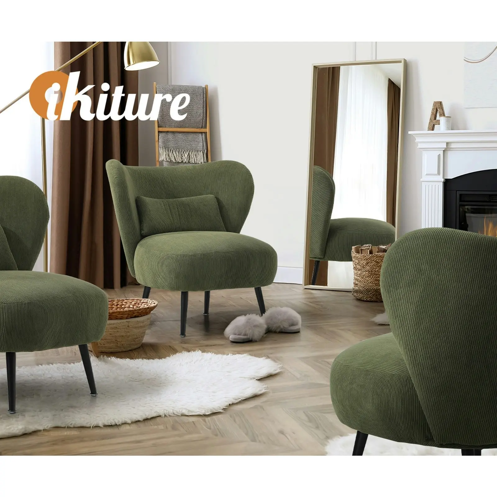 Oikiture Armchair Lounge Chair with Lumbar Pillow Wingback Velvet Green