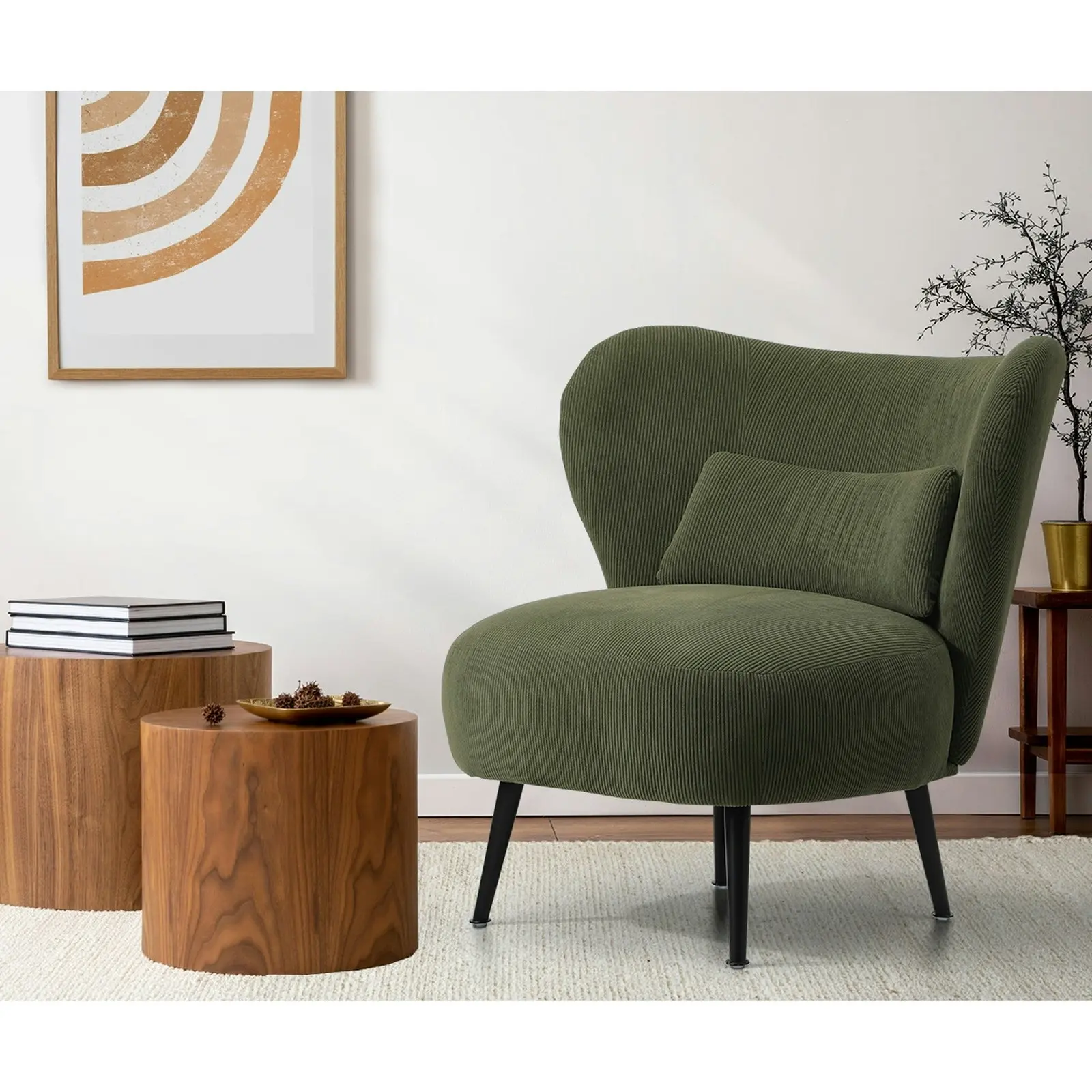 Oikiture Armchair Lounge Chair with Lumbar Pillow Wingback Velvet Green