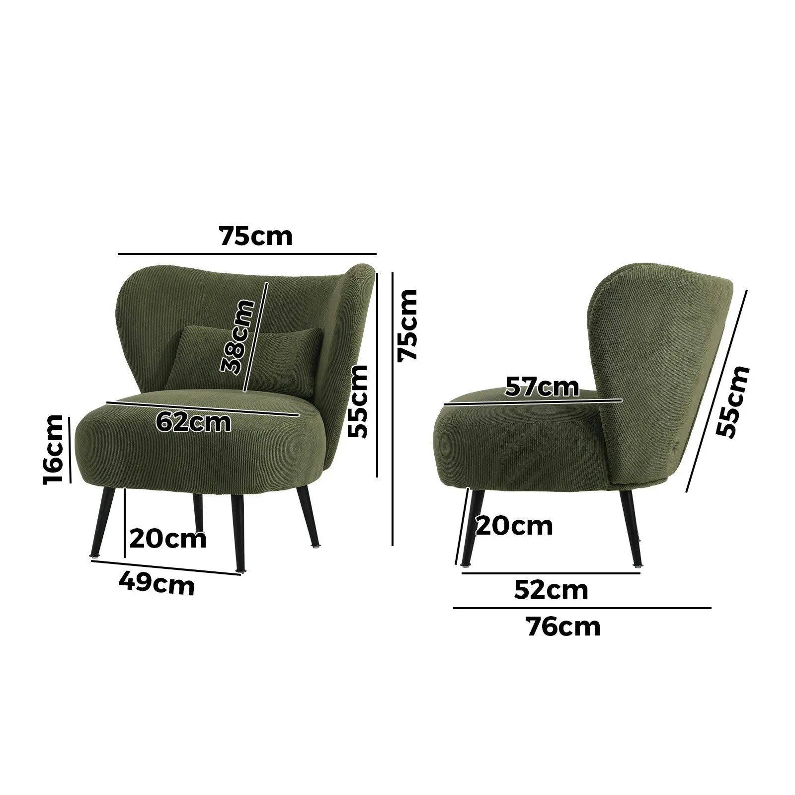 Oikiture Armchair Lounge Chair with Lumbar Pillow Wingback Velvet Green