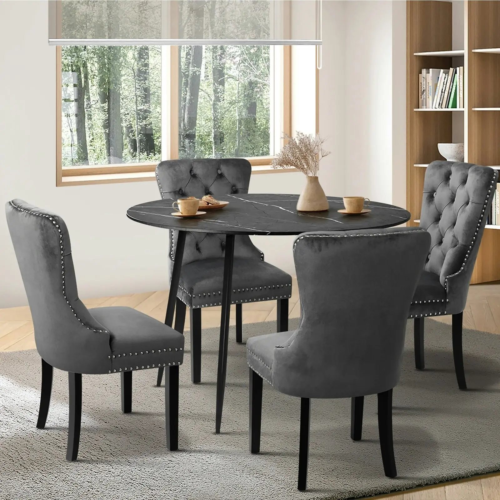 Oikiture 110cm Round Dining Table with 4PCS Dining Chairs Velvet Grey