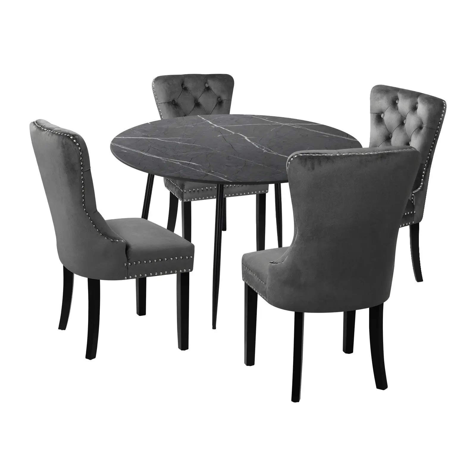 Oikiture 110cm Round Dining Table with 4PCS Dining Chairs Velvet Grey