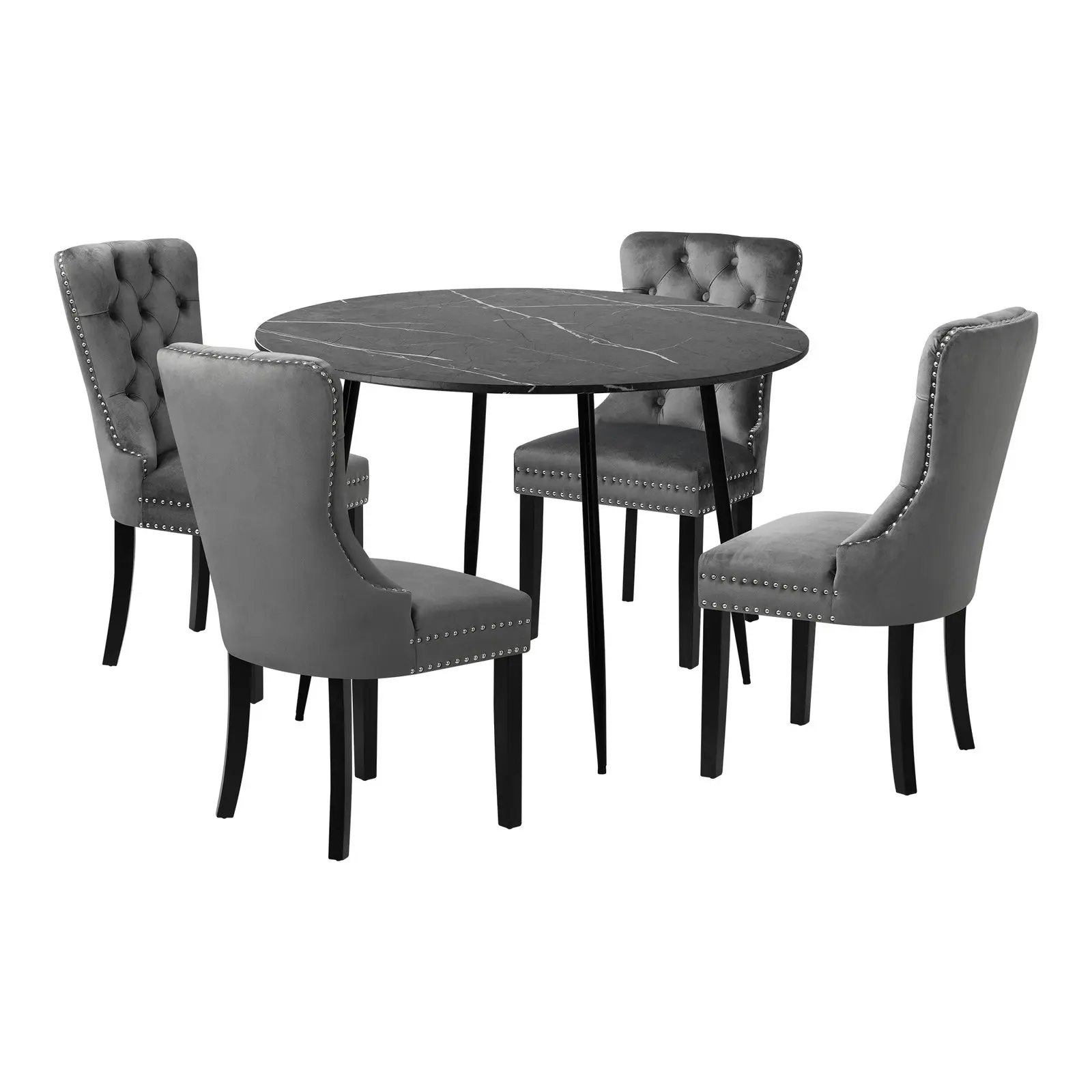 Oikiture 110cm Round Dining Table with 4PCS Dining Chairs Velvet Grey