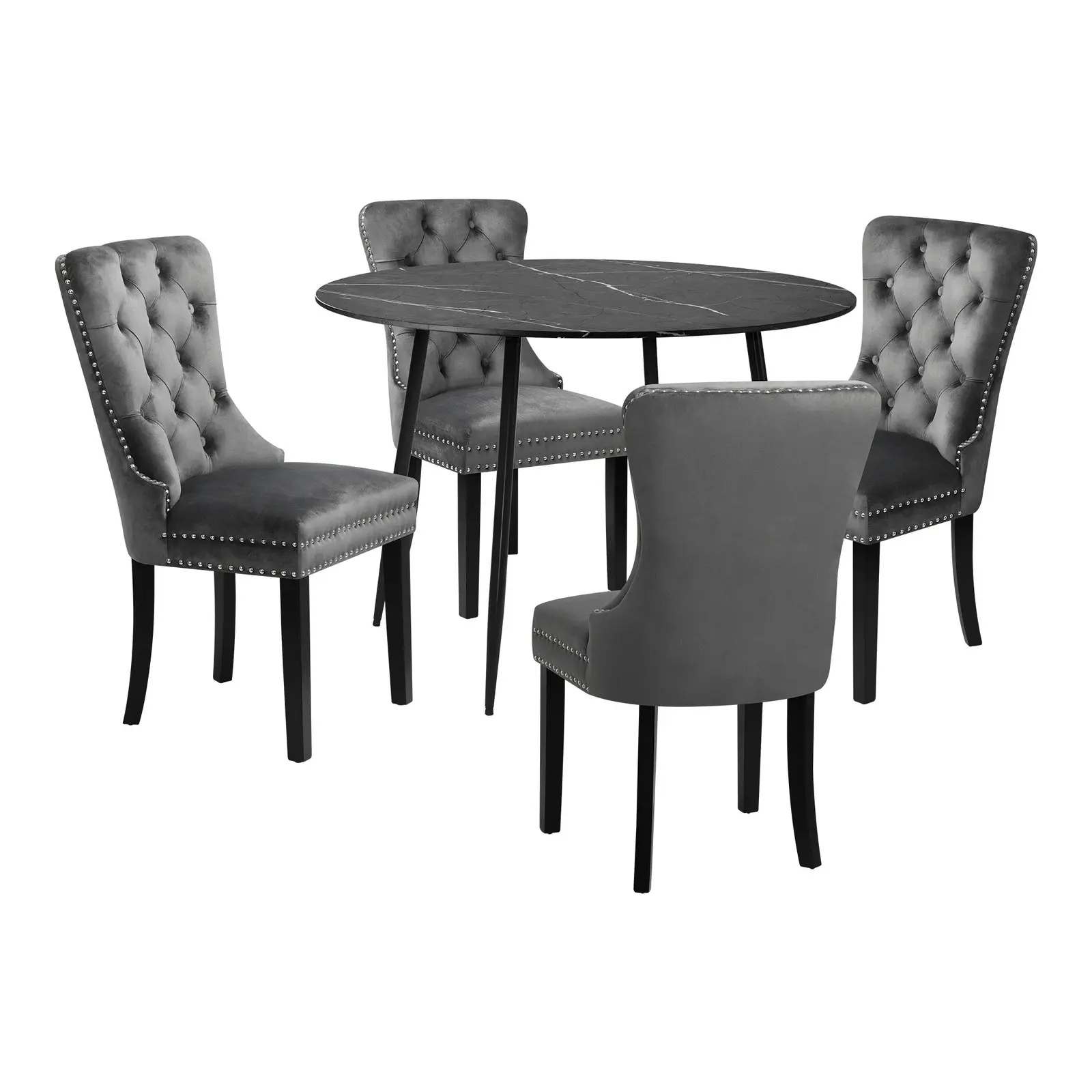 Oikiture 110cm Round Dining Table with 4PCS Dining Chairs Velvet Grey