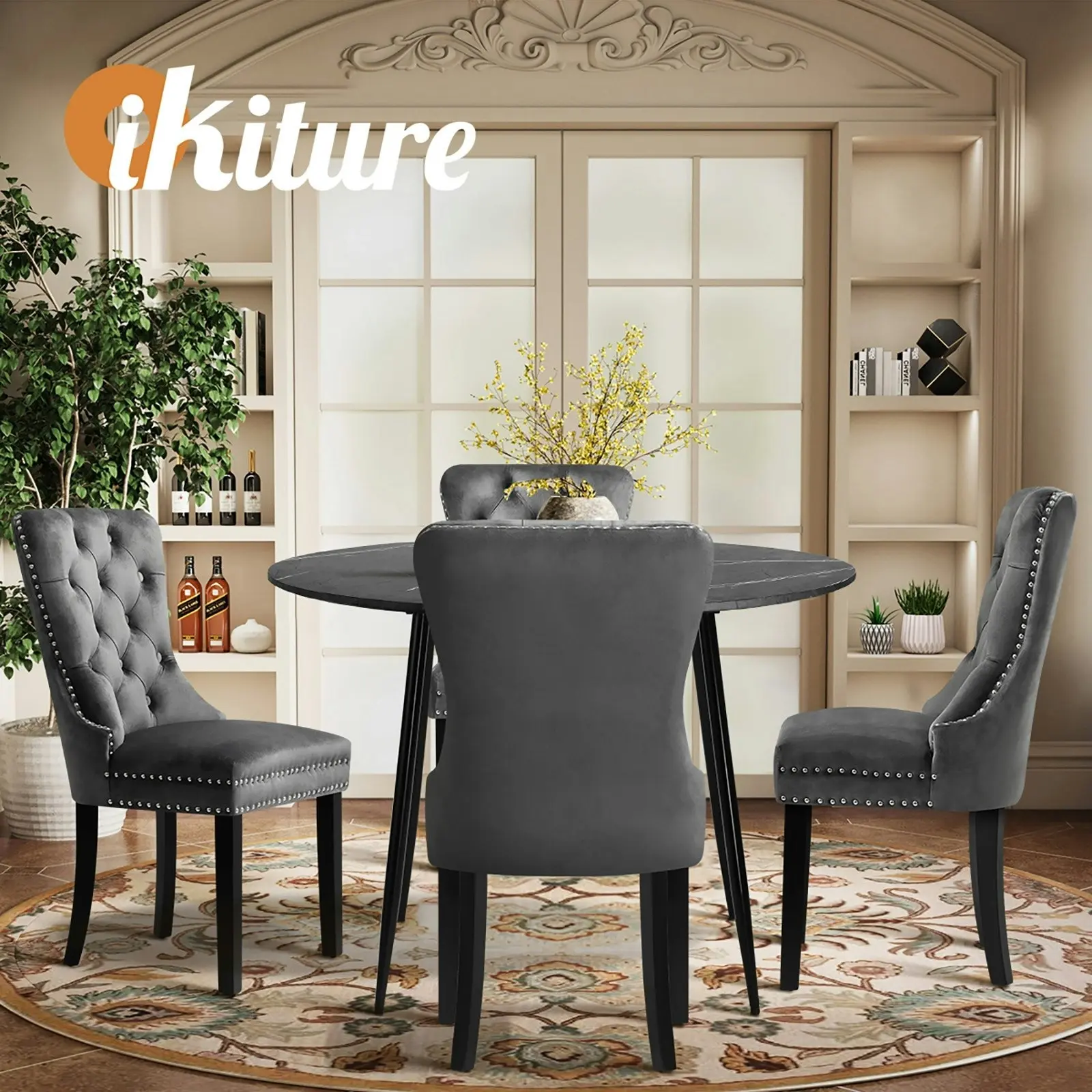 Oikiture 110cm Round Dining Table with 4PCS Dining Chairs Velvet Grey