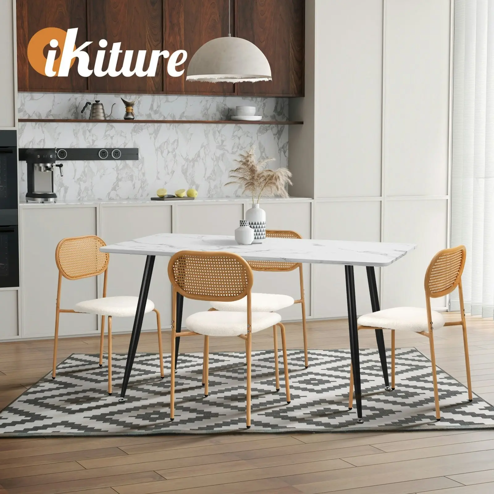 Oikiture 4PCS Dining Chair Accent Chairs Rattan Furniture Sherpa White