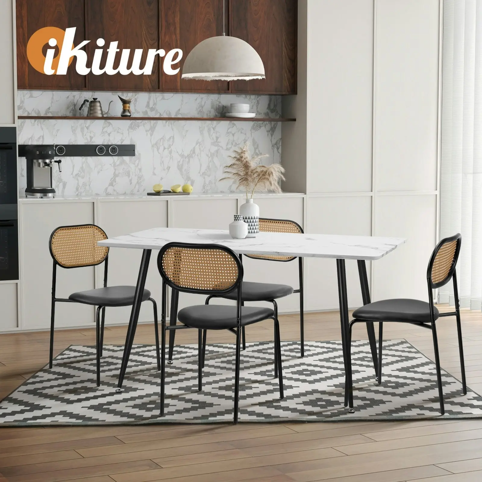 Oikiture 4PCS Dining Chair Accent Chairs Rattan Furniture PU Leather Black