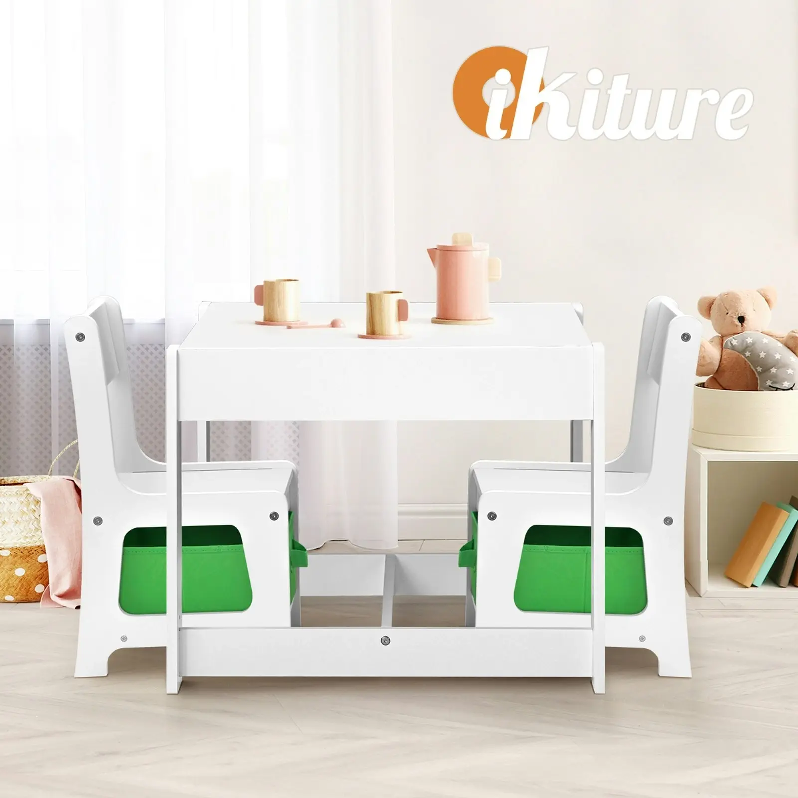 Oikiture 3-Piece Kids Table and Chair Set Multifunctional Activity Play Toys Storage Bins