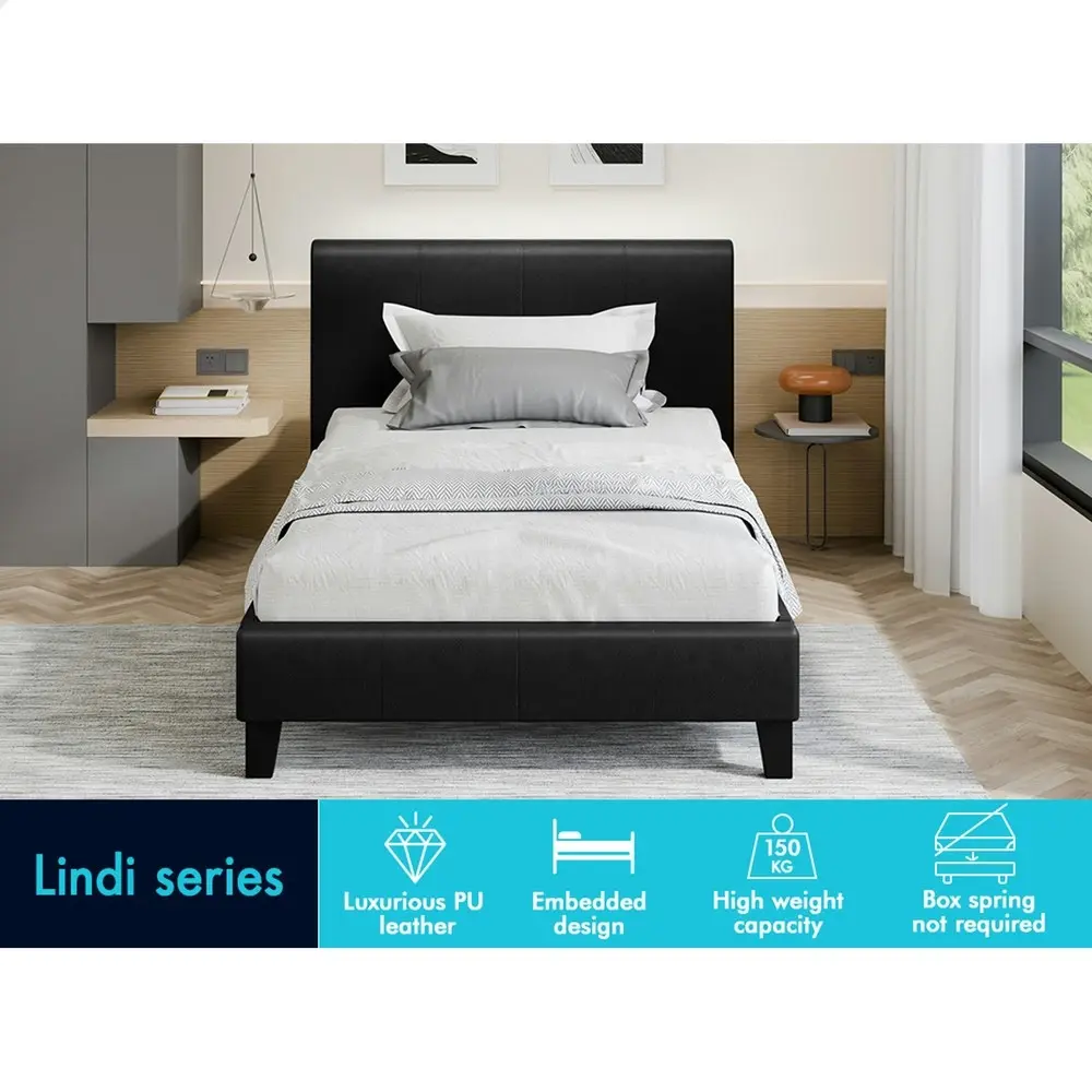 Alfordson Bed Frame Single Size Mattress Base Wooden Platform Leather Black