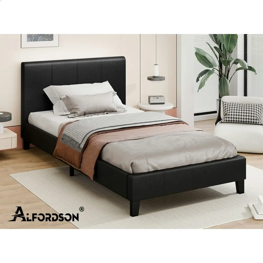 Alfordson Bed Frame Single Size Mattress Base Wooden Platform Leather Black