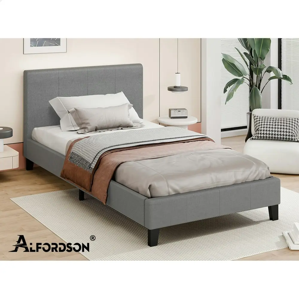 Alfordson Bed Frame Single Size Mattress Base Wooden Platform Fabric Grey