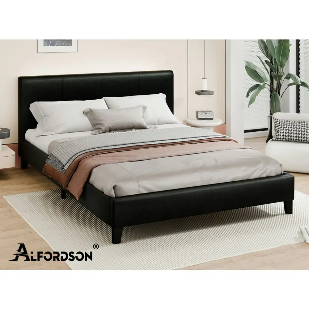 Alfordson Bed Frame Queen Size Mattress Base Wooden Platform Leather Black