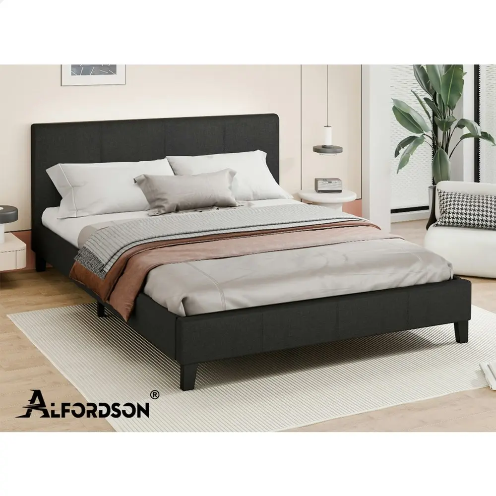 Alfordson Bed Frame Queen Size Mattress Base Wooden Platform Fabric Charcoal